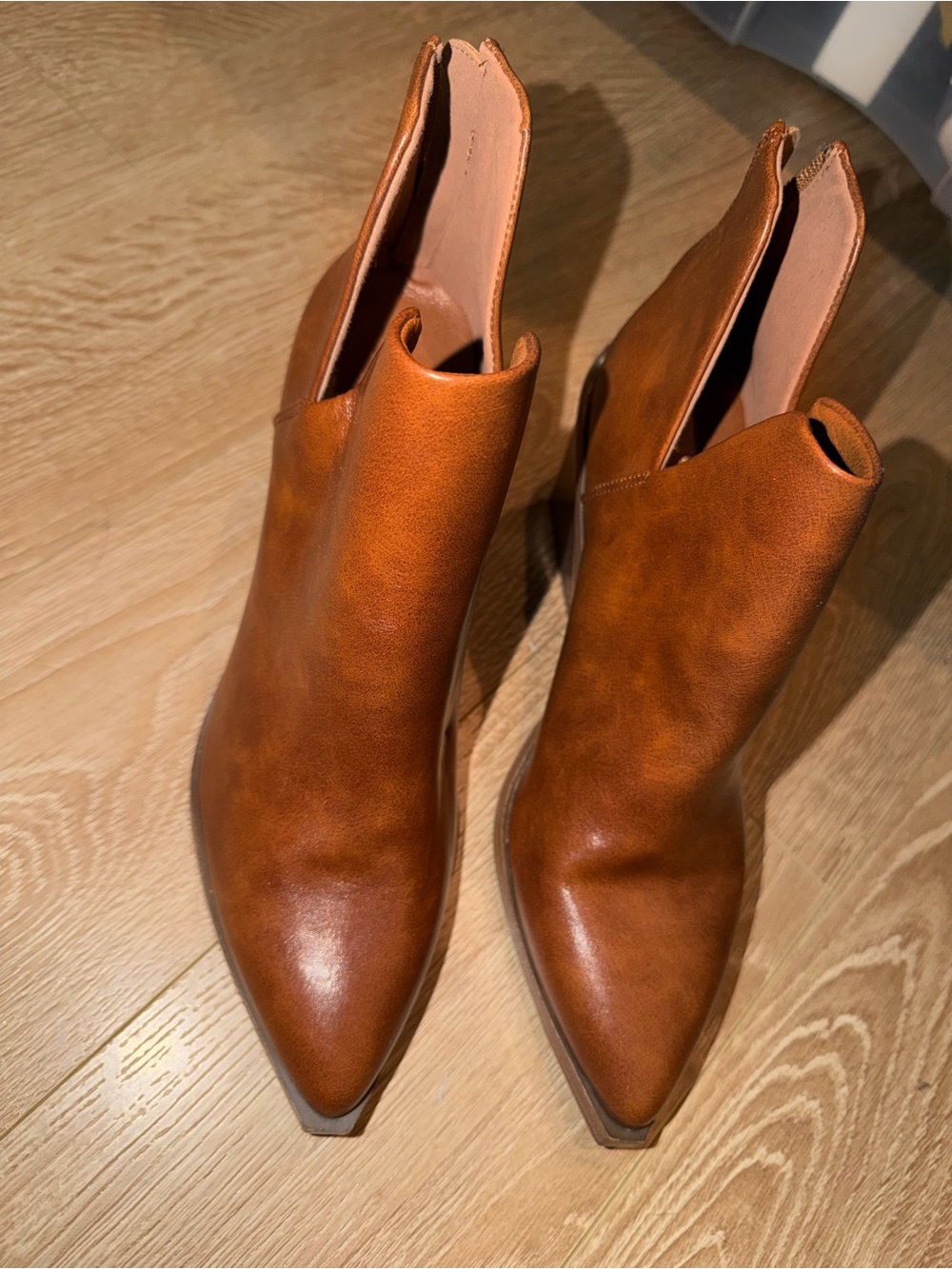 Tan Leather Pointed-Toe Ankle Boots